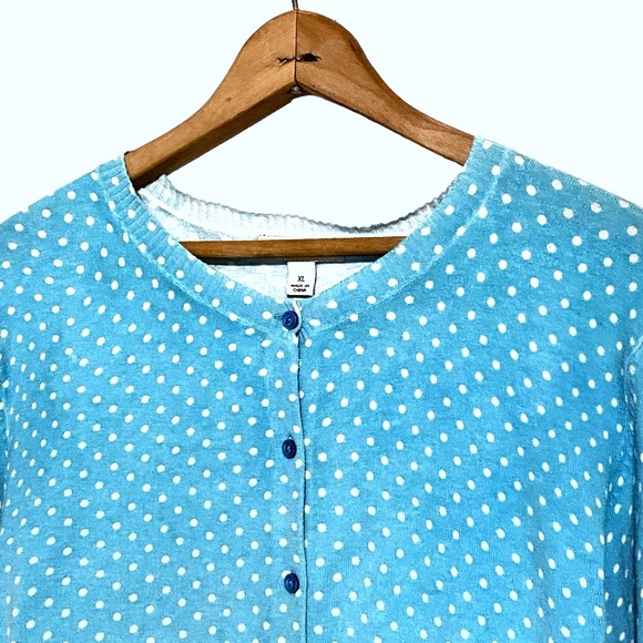 Cherokee Blue White Polka Dot Button Front Cardigan Sweater Ribbed 3/4 Sleeve XL - Picture 3 of 15